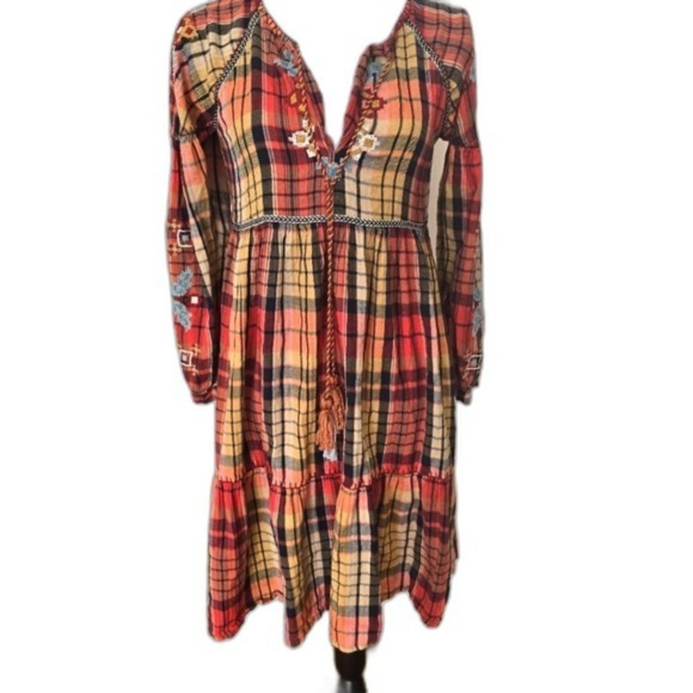 Zara Woman Plaid Embroidered Boho Tiered Peasant‎ Dress Red Orange Small
